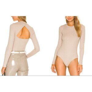 The Range Cross-Back Cut Out Long Sleeve Ribbed Bodysuit Mushroom Size Small